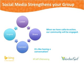 Social Media Strengthens your Group 
It’s like having a 
conversation! 
#FallFUNdraising 
Listen 
Share 
Connect 
Inspire 
When we have calls-to-action, 
our community will be engaged. 
 