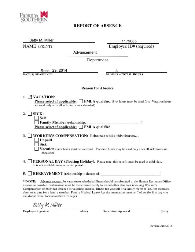 sept report of absence form june2013 signed employee absence form