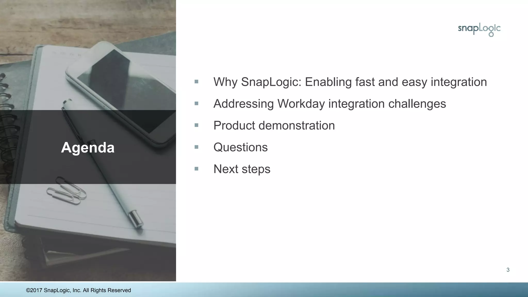  Why SnapLogic: Enabling fast and easy integration
 Addressing Workday integration challenges
 Product demonstration
 Questions
 Next steps
Agenda
©2017 SnapLogic, Inc. All Rights Reserved
3
 