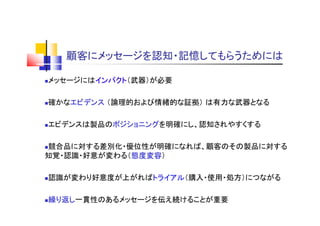 顧客にメッセージを認知・記憶してもらうためには
メッセージにはインパクト（武器）が必要
確かなエビデンス （論理的および情緒的な証拠） は有力な武器となる
エビデンスは製品のポジショニングを明確にし、認知されやすくする
競合品に対する差別化・優位性が明確になれば、顧客のその製品に対する
知覚・認識・好意が変わる（態度変容）
認識が変わり好意度が上がればトライアル（購入・使用・処方）につながる
繰り返し一貫性のあるメッセージを伝え続けることが重要
 