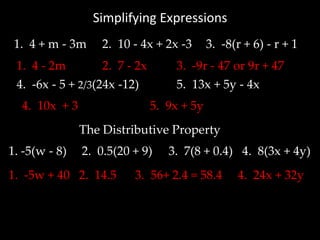 Simplifying Expressions
 1. 4 + m - 3m     2. 10 - 4x + 2x -3       3. -8(r + 6) - r + 1
 1. 4 - 2m         2. 7 - 2x       3. -9r - 47 or 9r + 47
 4. -6x - 5 + 2/3(24x -12)         5. 13x + 5y - 4x
  4. 10x + 3                   5. 9x + 5y
               The Distributive Property
1. -5(w - 8)   2. 0.5(20 + 9)     3. 7(8 + 0.4) 4. 8(3x + 4y)
1. -5w + 40 2. 14.5      3. 56+ 2.4 = 58.4        4. 24x + 32y
 