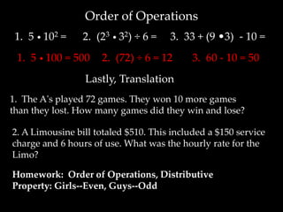 Order of Operations
 1. 5 • 102 =    2. (23 • 32) ÷ 6 =   3. 33 + (9 •3) - 10 =
 1. 5 • 100 = 500    2. (72) ÷ 6 = 12       3. 60 - 10 = 50
                 Lastly, Translation
1. The A's played 72 games. They won 10 more games
than they lost. How many games did they win and lose?

2. A Limousine bill totaled $510. This included a $150 service
charge and 6 hours of use. What was the hourly rate for the
Limo?

Homework: Order of Operations, Distributive
Property: Girls--Even, Guys--Odd
 
