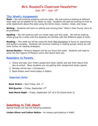 Mrs. Roussell’s Classroom Newsletter
                              Sept. 20th – Sept. 24th

This Week’s Assignments
Math – We will continue graphing and line plots. We will continue looking at different
ways data can be plotted so it’s easier to read. Students will also be working on how to
write statements about this data using the terms mean, median, mode, and range.

Writing – Students will work on editing and revising their “When I Was Young” story to
be published.

Spelling – We will continue with our whole class sort this week. We will be working
whole group for a while until the students are familiar with the different types of sorts.

Reading – This week we will be using the book Miss Rumphius to focus on sequencing
and author’s purpose. Students will continue meeting in reading groups where we will
work further on reading strategies.

Social Studies – Missouri Regions will be our focus this week. Students will need to
know the five regions of Missouri and a fact about each one.

Reminders to Parents
   1. Check and sign your child’s assignment book nightly and ask them about their
      day at school. Many students are not getting their assignment books signed.
   2. Monday will be day 1 (Computer).
   3. Book Orders went home today in folders.


   Important Dates

  Book Orders – Due Friday, Oct. 1st

  Mid-Quarter – Friday, September 17th

  East Movie Night – Friday, September 24th @ 6:30 (Camp Rock 2)




Something to Talk About!
Special thanks are due the following students:

Linden Oliver and Colton Melton - for always participating in Math!
 