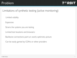 Problem

 Limitations of synthetic testing (active monitoring)

        Limited visibility

        Expensive

        Str...