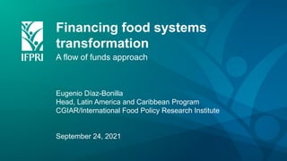 Financing food systems
transformation
A flow of funds approach
Eugenio Díaz-Bonilla
Head, Latin America and Caribbean Program
CGIAR/International Food Policy Research Institute
September 24, 2021
 