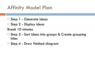 Affinity Model Plan Step 1 - Generate ideas Step 2 - Display ideas Break 10 minutes Step 3 - Sort ideas into groups & Create grouping titles Step 4 - Draw finished diagram 