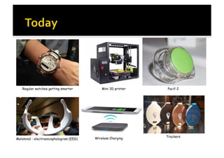 Regular watches getting smarter Mini 3D printer Pacif-I
Melomind - electroencephalogram (EEG)
Trackers
Wireless Charging
 