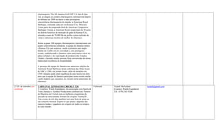 churrasqueiro The All Jamaica Grill Off T/A Jam-B-Que
                        Ltd. já chegou ao cenário churrasqueiro internacional depois
                        de debutar em 2009 na maior e mais prestigiosa
                        concorrência churrasqueira do mundo: a American Royal
                        Barbeque, realizada cada ano em Kansas City, Missouri.
                        Como parte da temporada final do American Competitive
                        Barbeque Circuit, a American Royal ocupa mais de 20 acres
                        no distrito histórico do mercado de gado de Kansas City,
                        atraindo a mais de 70,000 fãs da grelha a uma explosão de
                        vistas e saborosas mostras do melhor do churrasco.

                        Reúne a quase 500 equipes churrasqueiros internacionais em
                        quatro concorrências culinárias, a equipe de Jamaica tomou
                        a Kansas City por surpresa, sendo o primeiro país anglo-
                        falante do Caribe em ser convidado a este prestigioso
                        evento, estabelecendo a Jamaica como uma marca viável no
                        palco culinário e de exportação de produtos dos Estados
                        Unidos e fazendo muitas pessoas ficar convencidas de nossa
                        tradicional excelência na hospitalidade.

                        A presença da equipe de Jamaica nas anteriores edições da
                        American Royal Barbecue atraiu cobertura das filiais locais
                        de NBC e CBS e de jornais locais, além de menções em
                        CNN. Jamaica pode estar orgulhosa de seus lucros nos dois
                        anos que a equipe de Jamaica participou neste evento estelar
                        e pelo impacto que causamos no circuito norte-americano do
                        churrasco

27-29 de setembro por   CARNAVAL LENDAS DO CRICKET T20                                 Falmouth   Nyatali McFarlane           nyatali@gmail.com
confirmar               A Courtney Walsh Foundation, em associação com Sports &                   Courtney Walsh Foundation
                        Tours Jamaica e Turnkey Productions celebrará um Torneio                  Tel.: (876) 362-9268
                        de Maestros do Cricket com os melhores criquetistas do
                        passado no emocionante formato do críquete Twenty20 .
                        Este evento de três dias também terá uma festa de praia ou
                        um concerto musical. Espera-se que atraia a algumas das
                        maiores lendas e jogadores de críquete de todos os tempos,
                        de todo mundo.
 
