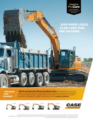 Sept.-Oct. 2015 TransportationBuilder 9
9,500 MORE LOADS.
$1,400 LESS FUEL*.
ONE MACHINE.
*Load data and fuel usage are per year and based on CX300D in SP Mode. Fuel usage data is based on average diesel price per gallon of $2.75 as of 4/13/15 per US EIA.
Load capability and fuel usage depend on mode of operation for all units. ©2015 CNH Industrial America LLC. All rights reserved. CASE is a trademark registered in the United States and many
other countries, owned by or licensed to CNH Industrial N.V., its subsidiaries or afﬁliates.
Meet the remarkably faster AND more fuel-efﬁcient D Series. Get more buckets per hour, more hours
per tank, more done sooner than you ever dreamed possible without increasing labor or equipment expenses. Regardless
if your business is pipeline construction, aggregate production or road building, the CASE D Series sets a new standard
for performance and proﬁtability. It’s a revolution in the way material is moved. CaseCE.com/DSeries
THE RULES
HAVE
CHANGED.
CX250DCX210D CX300D CX350D
 