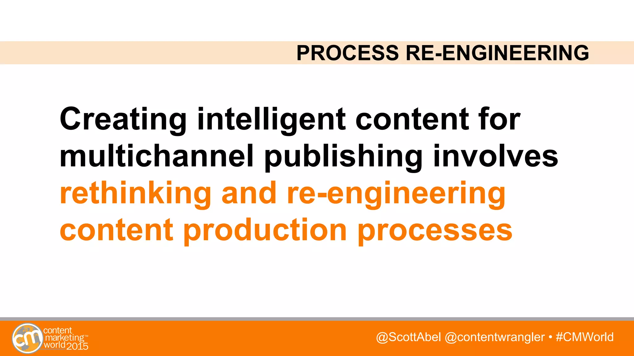 @ScottAbel @contentwrangler • #CMWorld
Creating intelligent content for
multichannel publishing involves
rethinking and re-engineering
content production processes
PROCESS RE-ENGINEERING
 