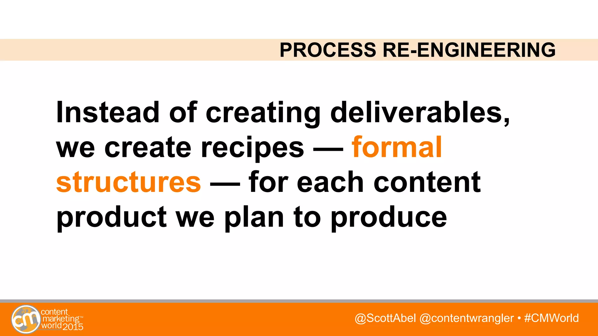 @ScottAbel @contentwrangler • #CMWorld
Instead of creating deliverables,
we create recipes — formal
structures — for each content
product we plan to produce
PROCESS RE-ENGINEERING
 