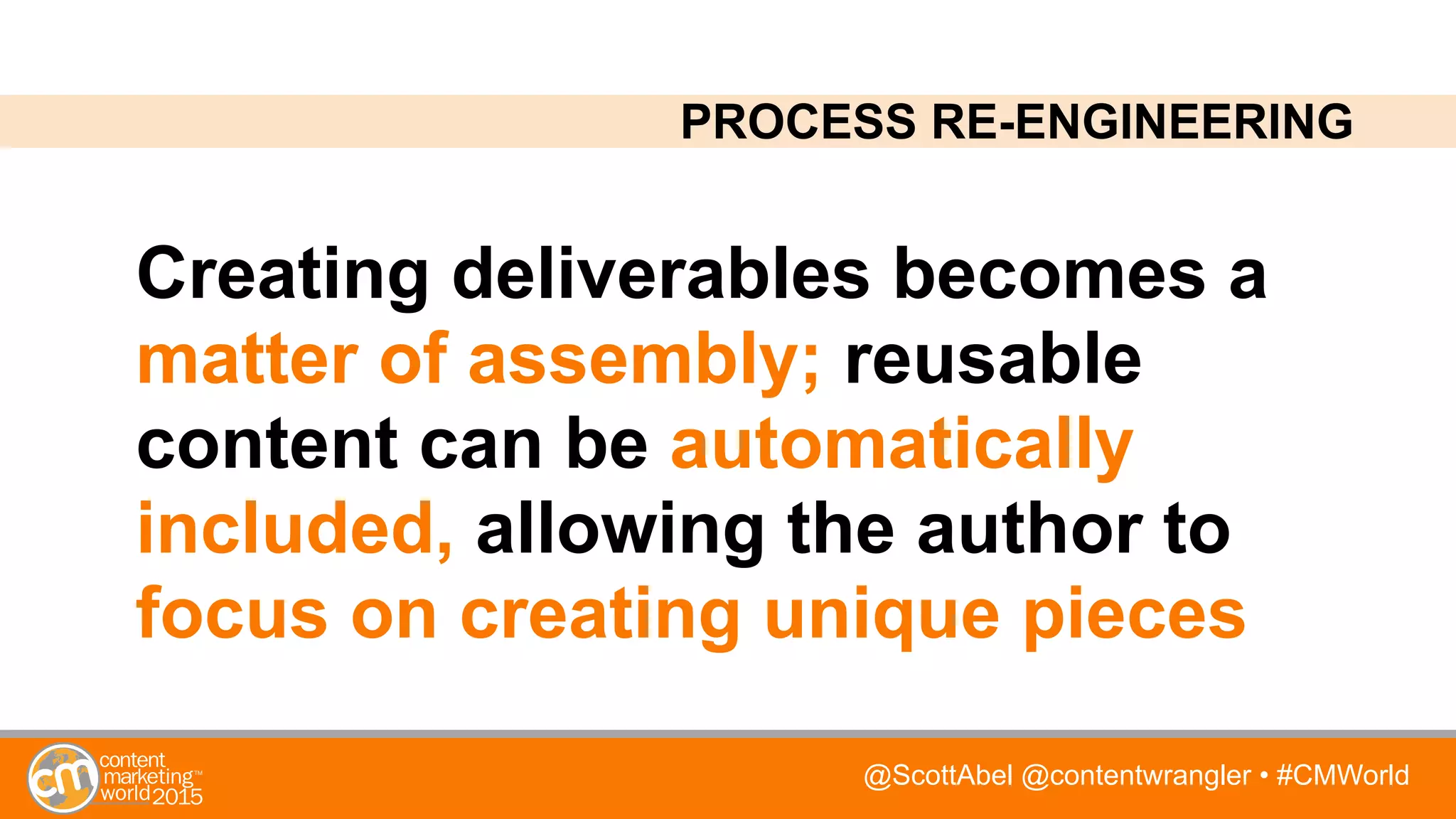 @ScottAbel @contentwrangler • #CMWorld
Creating deliverables becomes a
matter of assembly; reusable
content can be automatically
included, allowing the author to
focus on creating unique pieces
PROCESS RE-ENGINEERING
 