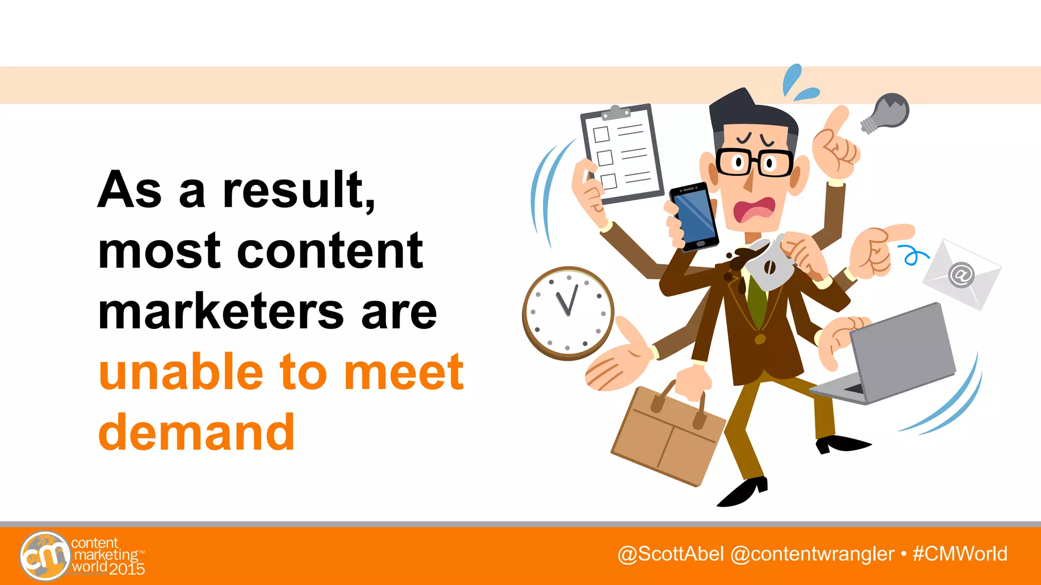 @ScottAbel @contentwrangler • #CMWorld
As a result,
most content
marketers are
unable to meet
demand
 