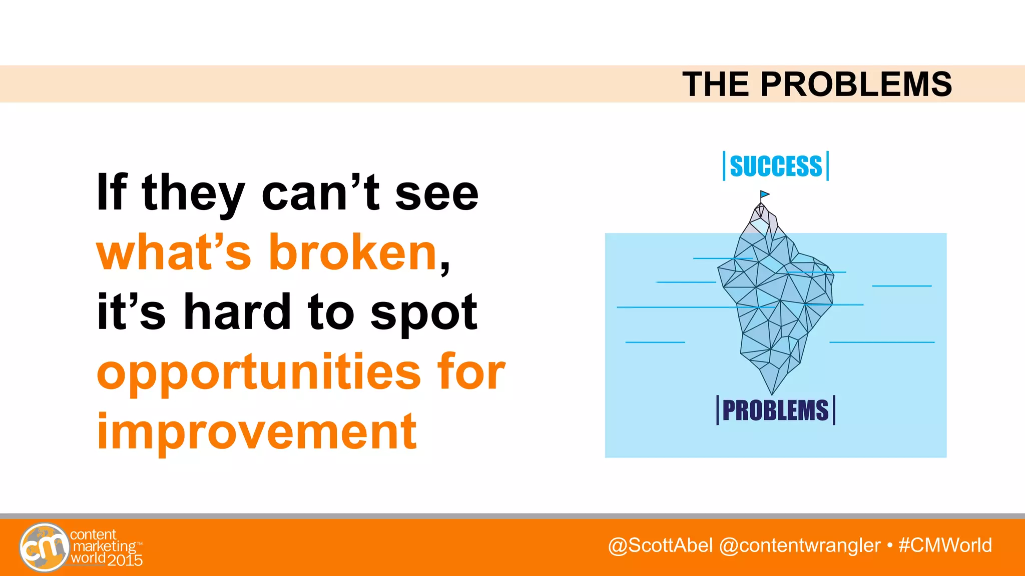 @ScottAbel @contentwrangler • #CMWorld
If they can’t see
what’s broken,
it’s hard to spot
opportunities for
improvement
THE PROBLEMS
 
