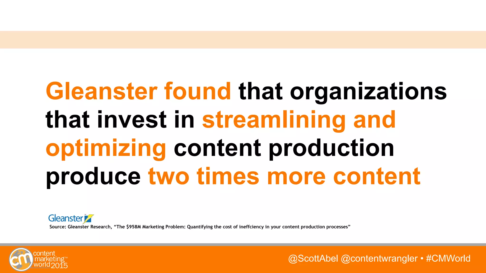 @ScottAbel @contentwrangler • #CMWorld
Gleanster found that organizations
that invest in streamlining and
optimizing content production
produce two times more content
Source: Gleanster Research, “The $958M Marketing Problem: Quantifying the cost of ineffciency in your content production processes”
 