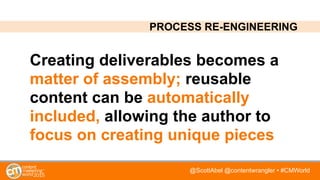 @ScottAbel @contentwrangler • #CMWorld
Creating deliverables becomes a
matter of assembly; reusable
content can be automatically
included, allowing the author to
focus on creating unique pieces
PROCESS RE-ENGINEERING
 