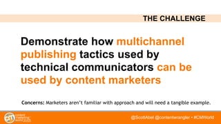 @ScottAbel @contentwrangler • #CMWorld
Demonstrate how multichannel
publishing tactics used by
technical communicators can be
used by content marketers
Concerns: Marketers aren’t familiar with approach and will need a tangible example.
THE CHALLENGE
 