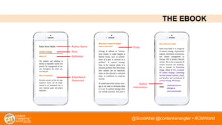 @ScottAbel @contentwrangler • #CMWorld
Essay
Author
Information
Term
Definition
Author Name
Importance
Statement
THE EBOOK
 