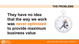 @ScottAbel @contentwrangler • #CMWorld
They have no idea
that the way we work
was never optimized
to provide maximum
business value
THE PROBLEMS
 