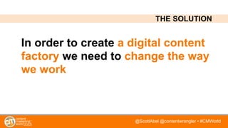 @ScottAbel @contentwrangler • #CMWorld
In order to create a digital content
factory we need to change the way
we work
THE SOLUTION
 