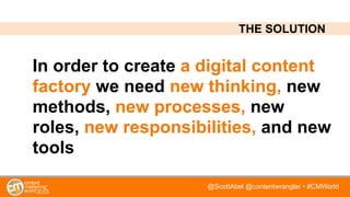 @ScottAbel @contentwrangler • #CMWorld
In order to create a digital content
factory we need new thinking, new
methods, new processes, new
roles, new responsibilities, and new
tools
THE SOLUTION
 