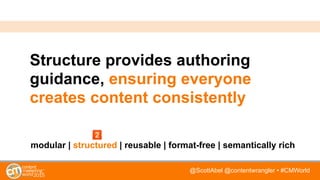 @ScottAbel @contentwrangler • #CMWorld
Structure provides authoring
guidance, ensuring everyone
creates content consistently
modular | structured | reusable | format-free | semantically rich
 