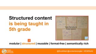 @ScottAbel @contentwrangler • #CMWorld
Structured content
is being taught in
5th grade
modular | structured | reusable | format-free | semantically rich
 