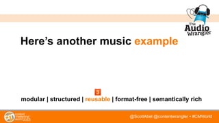 @ScottAbel @contentwrangler • #CMWorld
Here’s another music example
modular | structured | reusable | format-free | semantically rich
 