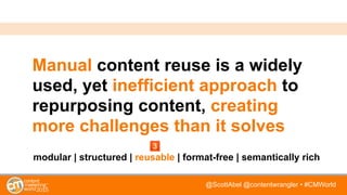 @ScottAbel @contentwrangler • #CMWorld
Manual content reuse is a widely
used, yet inefficient approach to
repurposing content, creating
more challenges than it solves
modular | structured | reusable | format-free | semantically rich
 