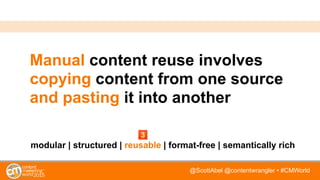 @ScottAbel @contentwrangler • #CMWorld
Manual content reuse involves
copying content from one source
and pasting it into another
modular | structured | reusable | format-free | semantically rich
 