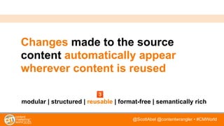 @ScottAbel @contentwrangler • #CMWorld
Changes made to the source
content automatically appear
wherever content is reused
modular | structured | reusable | format-free | semantically rich
 