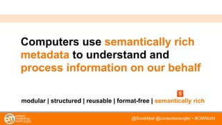 @ScottAbel @contentwrangler • #CMWorld
Computers use semantically rich
metadata to understand and
process information on our behalf
modular | structured | reusable | format-free | semantically rich
 