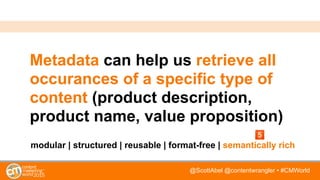 @ScottAbel @contentwrangler • #CMWorld
Metadata can help us retrieve all
occurances of a specific type of
content (product description,
product name, value proposition)
modular | structured | reusable | format-free | semantically rich
 