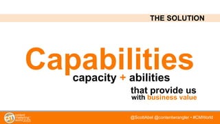 @ScottAbel @contentwrangler • #CMWorld
Capabilities
THE SOLUTION
capacity + abilities
that provide us
with business value
 