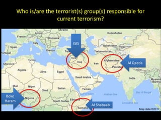 Who is/are the terrorist(s) group(s) responsible for
current terrorism?
ISIS
Boko
Haram
Al Qaeda
Al Shabaab
 