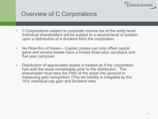 Overview of C Corporations C Corporations subject to corporate income tax at the entity level. Individual shareholders will be subject to a second level of taxation upon a distribution of a dividend from the corporation. No Flow-thru of losses - Capital Losses can only offset capital gains and excess losses have a limited three-year carryback and five year carryover Distribution of appreciated assets is treated as if the corporation had sold the asset immediately prior to the distribution.  The shareholder must take the FMV of the asset into account in measuring gain recognition. (The tax liability is mitigated by the 15% individual cap gain and dividend rate) 