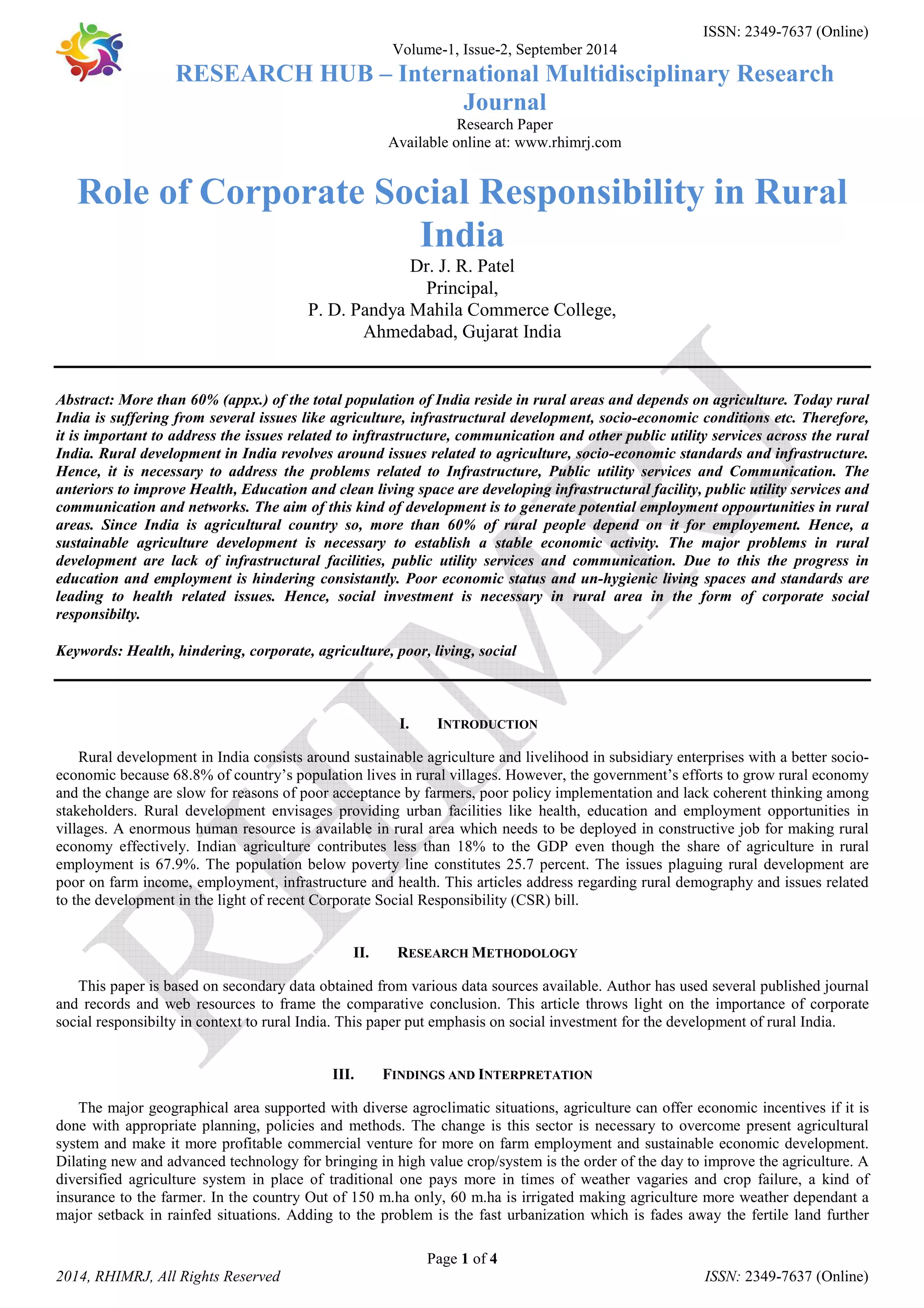 Role of Corporate Social Responsibility in Rural India | PDF