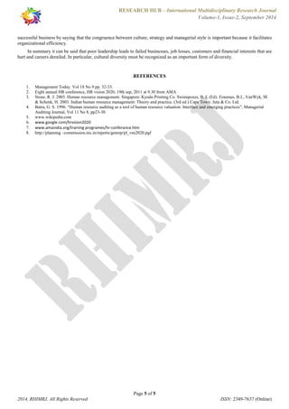 RESEARCH HUB – International Multidisciplinary Research Journal 
Volume-1, Issue-2, September 2014 
successful business by saying that the congruence between culture, strategy and managerial style is important because it facilitates 
organizational efficiency. 
In summary it can be said that poor leadership leads to failed businesses, job losses, customers and financial interests that are 
hurt and careers derailed. In particular, cultural diversity must be recognized as an important form of diversity. 
.REFERENCES 
1. Management Today. Vol 18 No 9 pp. 32-33. 
2. Eight annual HR conference, HR vision 2020, 19th sep, 2011 at 9.30 from AMA 
3. Stone, R. J. 2005. Human resource management. Singapore. Kyodo Printing Co. Swinepoxes, B. J. (Ed). Erasmus, B.J., VanWyk, M. 
& Schenk, H. 2003. Indian human resource management: Theory and practice. (3rd ed.) Cape Town: Juta & Co. Ltd. 
4. Batra, G. S. 1996. “Human resource auditing as a tool of human resource valuation: Interface and emerging practices”, Managerial 
5. www.wikipedia.com 
6. www.google.com/hrvision2020 
7. www.amaindia.org/training programes/hr-conferance.htm 
8. http://planning –commission.nic.in/reports/genrep/pl_vsn2020.pgf 
Page 5 of 5 
Auditing Journal, Vol 11 No 8, pp23-30. 
2014, RHIMRJ, All Rights Reserved ISSN: 2349-7637 (Online) 
