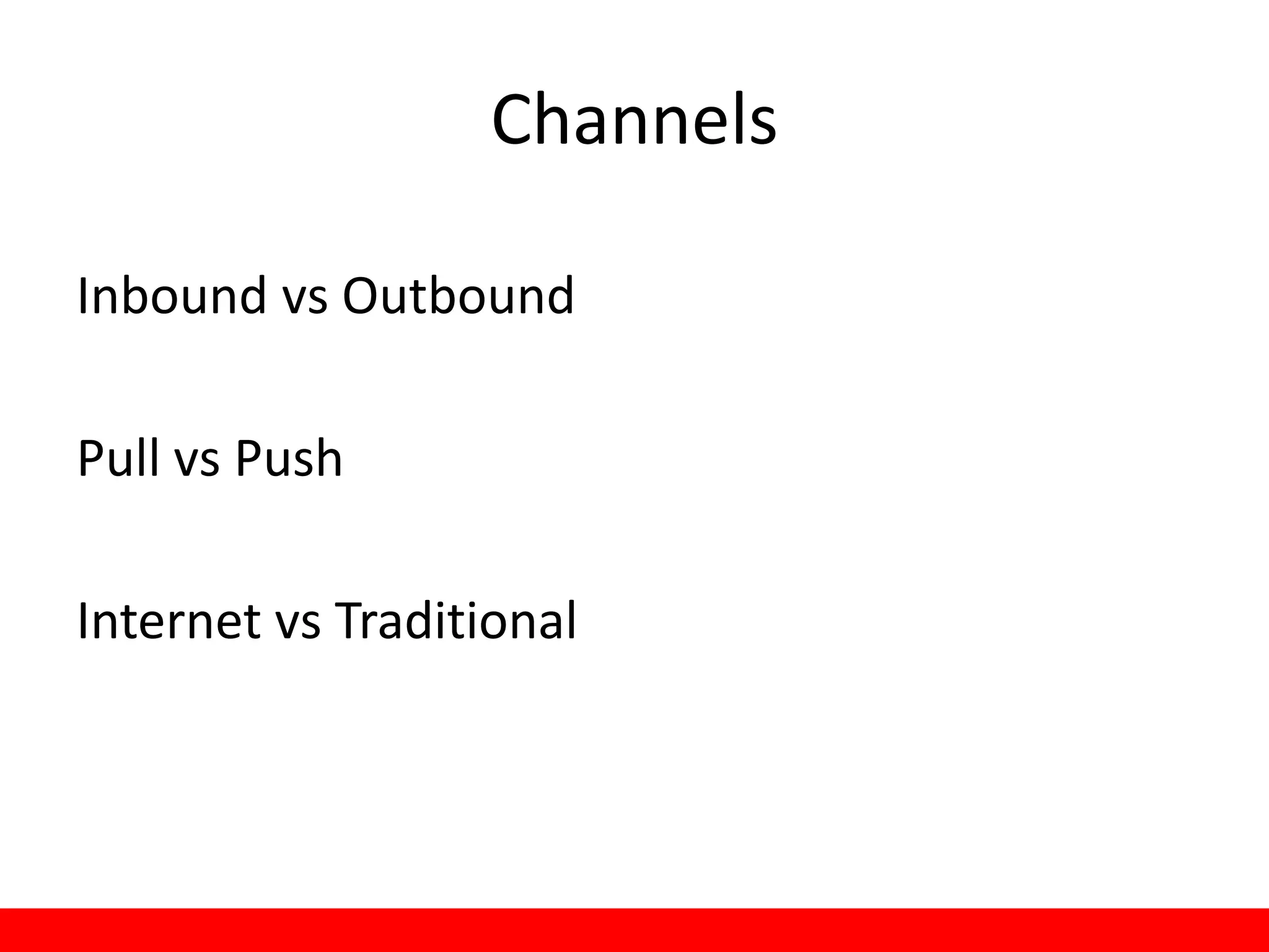 Channels

Inbound vs Outbound

Pull vs Push

Internet vs Traditional
 