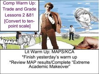 Comp Warm Up: Trade and Grade Lessons 2 &81 [Convert to ten-point scale] Lit Warm Up: MAPS/KCA *Finish yesterday’s warm up *Review MAP results/Complete “Extreme Academic Makeover” 
