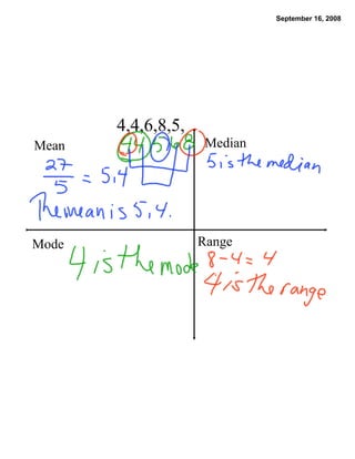September 16, 2008




       4,4,6,8,5,
Mean                 Median




Mode                Range
 