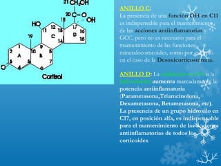 ANILLO C:
La presencia de una función OH en C11
es indispensable para el mantenimiento
de las acciones antiinflamatorias y
GCC, pero no es necesario para el
mantenimiento de las funciones
mineralocorticoides, como por ejemplo
en el caso de la Desoxicorticosterona.
ANILLO D: La metilación en C16 o la
hidroxilación aumenta marcadamente la
potencia antiinflamatoria
(Parametasona,Triamcinolona,
Dexametasona, Betametasona, etc).
La presencia de un grupo hidroxilo en
C17, en posición alfa, es indispensable
para el mantenimiento de las acciones
antiinflamatorias de todos los
corticoides.
 