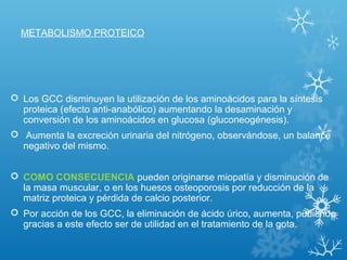METABOLISMO PROTEICO
 Los GCC disminuyen la utilización de los aminoácidos para la síntesis
proteica (efecto anti-anabólico) aumentando la desaminación y
conversión de los aminoácidos en glucosa (gluconeogénesis).
 Aumenta la excreción urinaria del nitrógeno, observándose, un balance
negativo del mismo.
 COMO CONSECUENCIA pueden originarse miopatía y disminución de
la masa muscular, o en los huesos osteoporosis por reducción de la
matriz proteica y pérdida de calcio posterior.
 Por acción de los GCC, la eliminación de ácido úrico, aumenta, pudiendo
gracias a este efecto ser de utilidad en el tratamiento de la gota.
 
