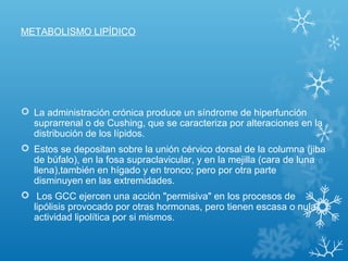 METABOLISMO LIPÍDICO
 La administración crónica produce un síndrome de hiperfunción
suprarrenal o de Cushing, que se caracteriza por alteraciones en la
distribución de los lípidos.
 Estos se depositan sobre la unión cérvico dorsal de la columna (jiba
de búfalo), en la fosa supraclavicular, y en la mejilla (cara de luna
llena),también en hígado y en tronco; pero por otra parte
disminuyen en las extremidades.
 Los GCC ejercen una acción "permisiva" en los procesos de
lipólisis provocado por otras hormonas, pero tienen escasa o nula
actividad lipolítica por si mismos.
 