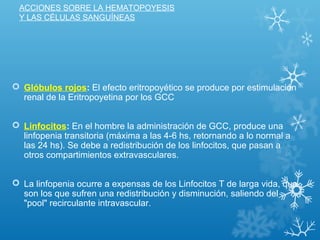 ACCIONES SOBRE LA HEMATOPOYESIS
Y LAS CÉLULAS SANGUÍNEAS
 Glóbulos rojos: El efecto eritropoyético se produce por estimulación
renal de la Eritropoyetina por los GCC
 Linfocitos: En el hombre la administración de GCC, produce una
linfopenia transitoria (máxima a las 4-6 hs, retornando a lo normal a
las 24 hs). Se debe a redistribución de los linfocitos, que pasan a
otros compartimientos extravasculares.
 La linfopenia ocurre a expensas de los Linfocitos T de larga vida, que
son los que sufren una redistribución y disminución, saliendo del
"pool" recirculante intravascular.
 