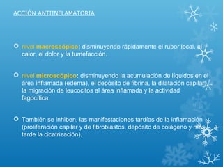 ACCIÓN ANTIINFLAMATORIA
 nivel macroscópico: disminuyendo rápidamente el rubor local, el
calor, el dolor y la tumefacción.
 nivel microscópico: disminuyendo la acumulación de líquidos en el
área inflamada (edema), el depósito de fibrina, la dilatación capilar,
la migración de leucocitos al área inflamada y la actividad
fagocítica.
 También se inhiben, las manifestaciones tardías de la inflamación
(proliferación capilar y de fibroblastos, depósito de colágeno y más
tarde la cicatrización).
 