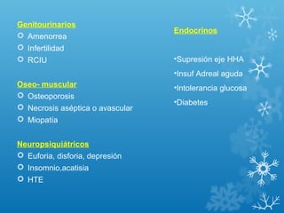Genitourinarios
 Amenorrea
 Infertilidad
 RCIU
Oseo- muscular
 Osteoporosis
 Necrosis aséptica o avascular
 Miopatía
Neuropsiquiátricos
 Euforia, disforia, depresión
 Insomnio,acatisia
 HTE
Endocrinos
•Supresión eje HHA
•Insuf Adreal aguda
•Intolerancia glucosa
•Diabetes
 