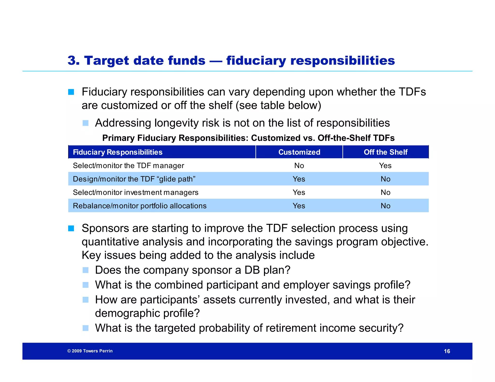 3. Target date funds — fiduciary responsibilities

 Fiduciary responsibilities can vary depending upon whether the TDFs
      are customized or off the shelf (see table below)
       Addressing longevity risk is not on the list of responsibilities
               Primary Fiduciary Responsibilities: Customized vs. Off-the-Shelf TDFs
  Fiduciary Responsibilities                            Customized          Off the Shelf
  Select/monitor the TDF manager                            No                  Yes
  Design/monitor the TDF “glide path”                      Yes                   No
  Select/monitor investment managers                       Yes                   No
  Rebalance/monitor portfolio allocations                  Yes                   No


 Sponsors are starting to improve the TDF selection process using
      quantitative analysis and incorporating the savings program objective.
      Key issues being added to the analysis include
       Does the company sponsor a DB plan?
       What is the combined participant and employer savings profile?
       How are participants’ assets currently invested, and what is their
        demographic profile?
       What is the targeted probability of retirement income security?

© 2009 Towers Perrin                                                                        16
 