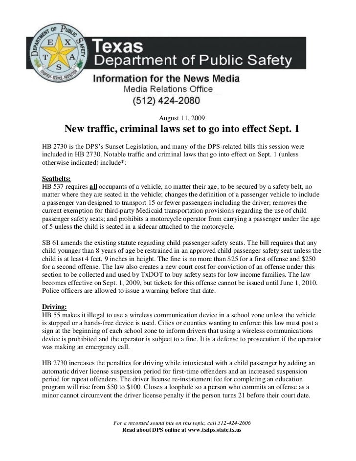 Texas Department of Public Safety New Traffic, Criminal Laws Set To…