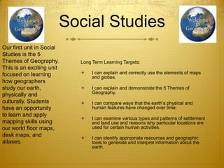 Social Studies
Our first unit in Social
Studies is the 5
Themes of Geography.       Long Term Learning Targets:
This is an exciting unit
focused on learning            I can explain and correctly use the elements of maps
                                and globes.
how geographers
study our earth,               I can explain and demonstrate the 5 Themes of
                                Geography.
physically and
culturally. Students           I can compare ways that the earth’s physical and
have an opportunity             human features have changed over time.
to learn and apply
                               I can examine various types and patterns of settlement
mapping skills using            and land use and reasons why particular locations are
our world floor maps,           used for certain human activities.
desk maps, and
                               I can identify appropriate resources and geographic
atlases.                        tools to generate and interpret information about the
                                earth.
 